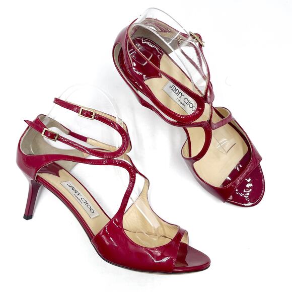 Jimmy Choo Ivette Sandals Burgundy Patent Leather Strappy Low Heels Sz 40 / 10 - Picture 2 of 11